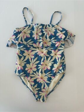 Raisins Kids' La Playa Floral Print Flounce One Piece Swimsuit Blue Size 14